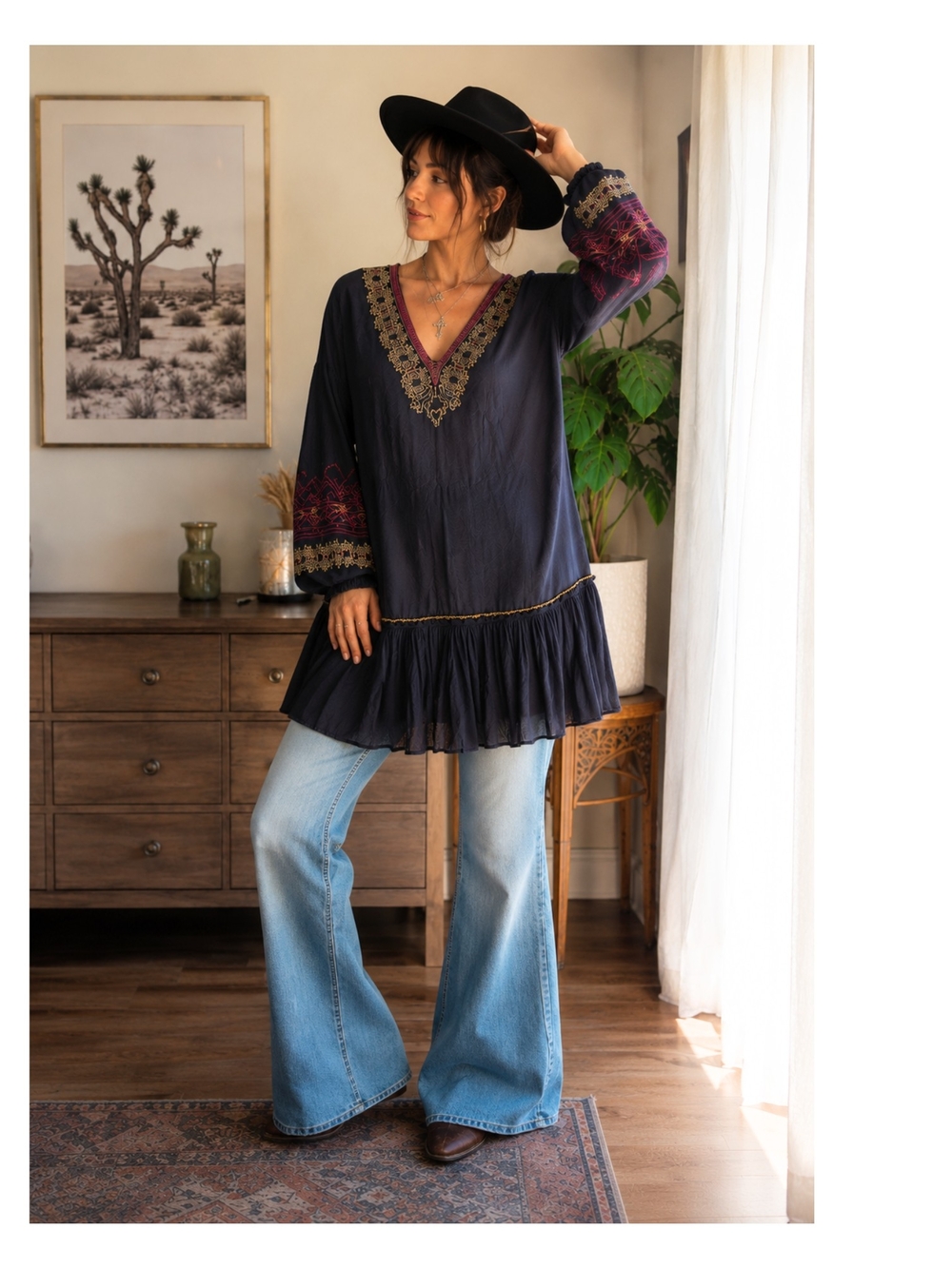 Free People Wild One Embroidered Peasant Dress Black Boho Tunic‎ Size S
